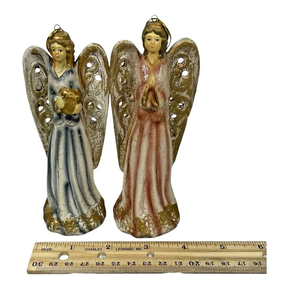 VTG Style Resin Angel Ornaments Set of 2 Crackle Glaze Gold Wings Harp Decor